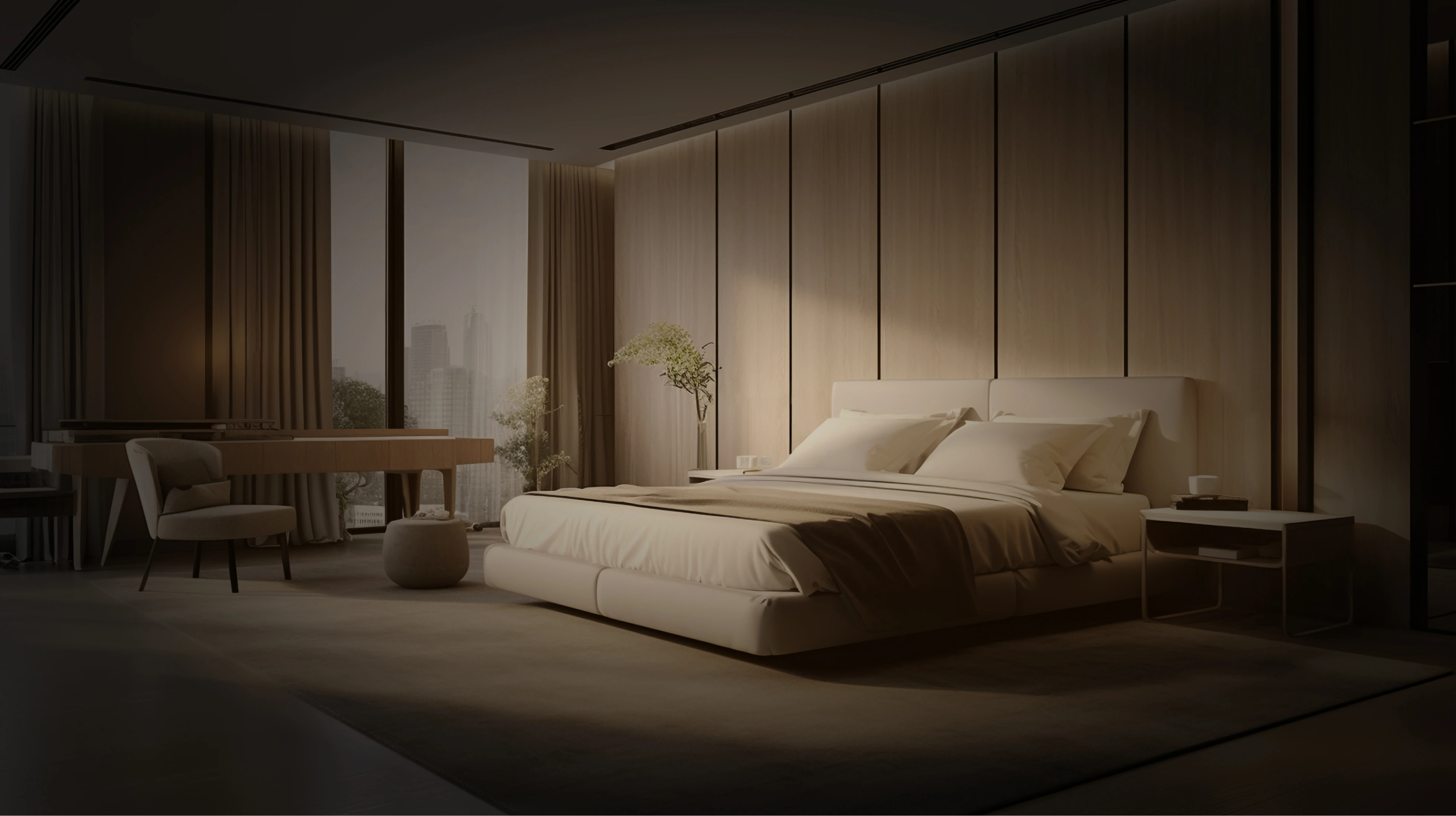 A stylish bedroom with a generous bed and a functional desk, blending comfort and modern design elements seamlessly.